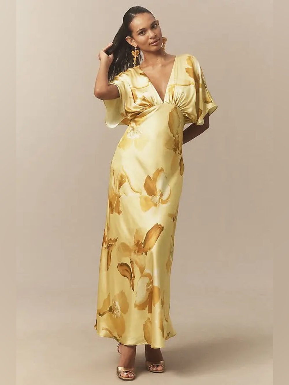 NWT Anthropologie BHLDN Amelia Flutter Sleeve Satin Gown Golden Painted Floral